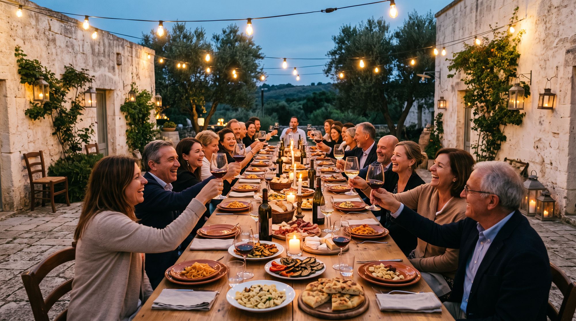 A long dinner table under string lights
