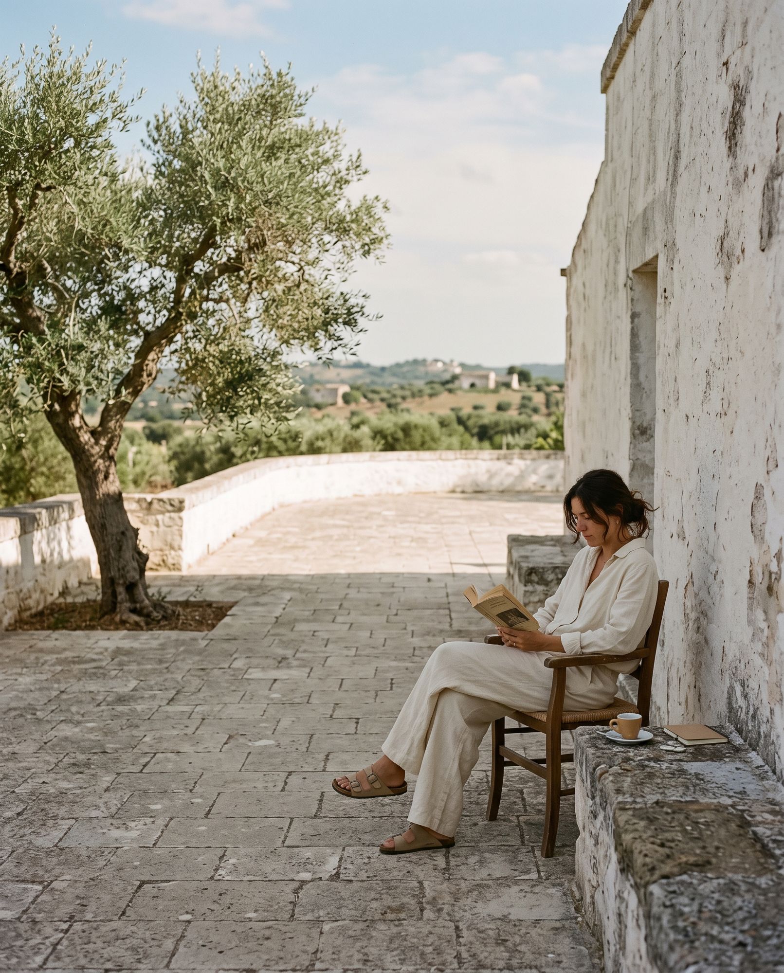 A person reading alone on a masseria terrace