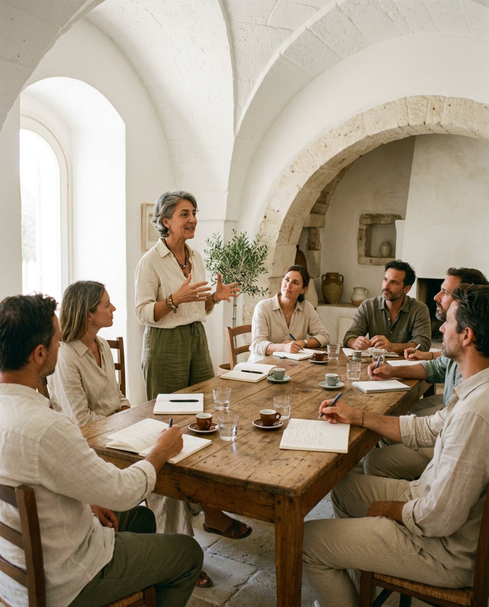 A guest speaker talking to a small group in a vaulted masseria room